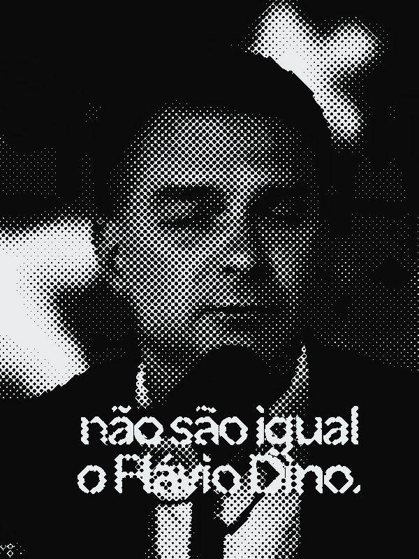 Flávio Bolsonaro em vídeo do canal dele (23/09/2026), em retícula, com tarja vermelha nos olhos e rabiscos em volta da cabeça.