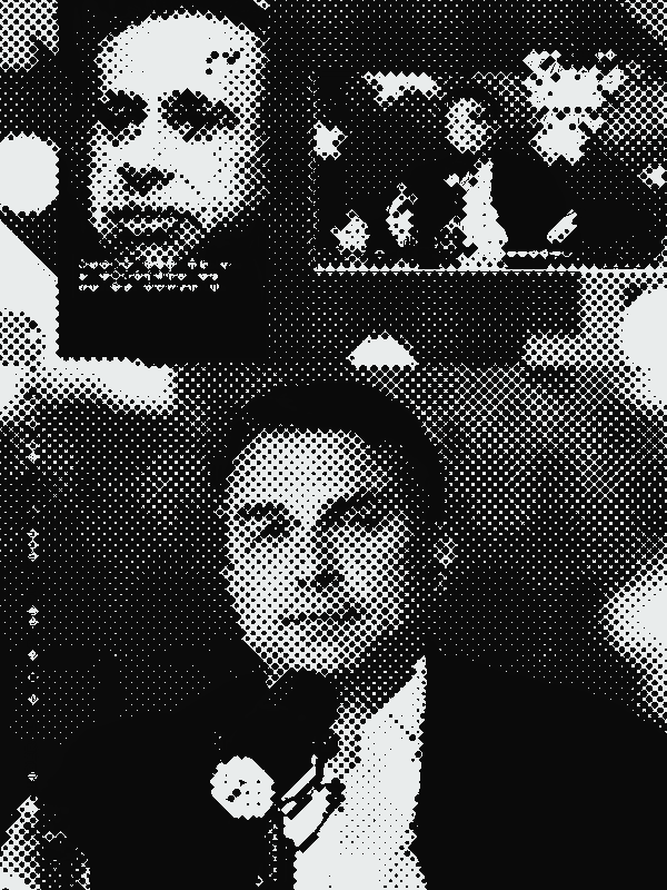 Flávio Bolsonaro em vídeo do canal dele (23/09/2026), em retícula, com tarja vermelha nos olhos e rabiscos em volta da cabeça.